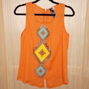 Blue Rain semi sheer silky Aztec sleeveless top. S